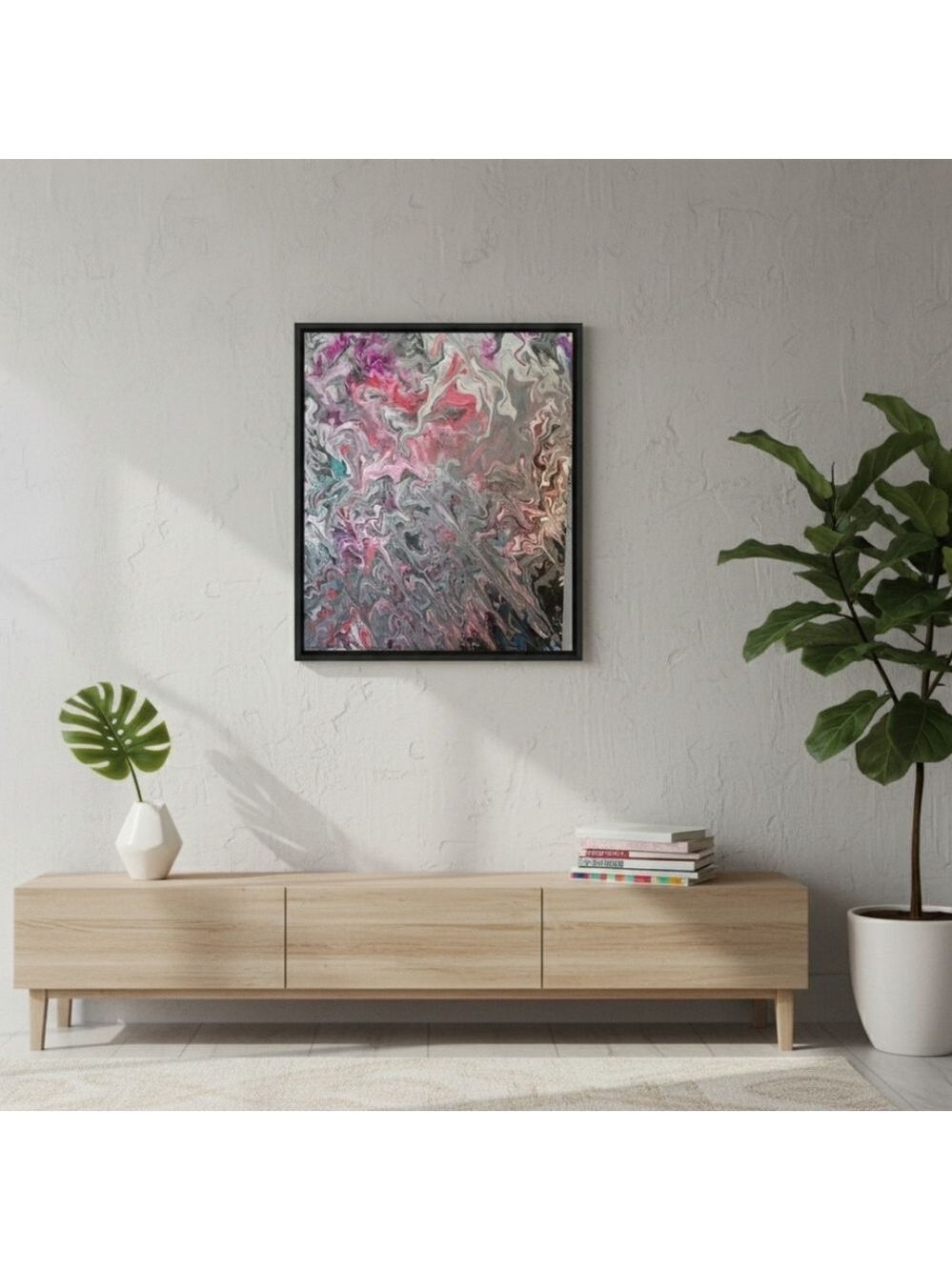 Hand Crafted Acrylic Pouring Fluid Art Gray Canvas Artwork